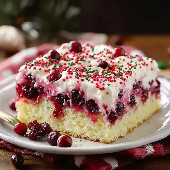 A slice of cake topped with whipped cream, cranberries, and colorful sprinkles on a white plate.