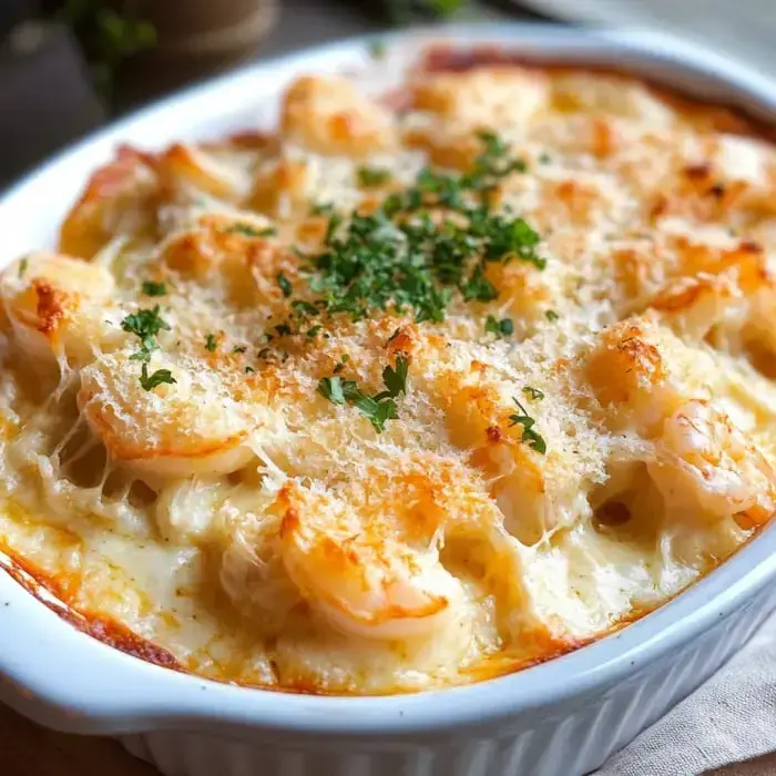 A baked dish featuring shrimp topped with melted cheese and a sprinkle of herbs.