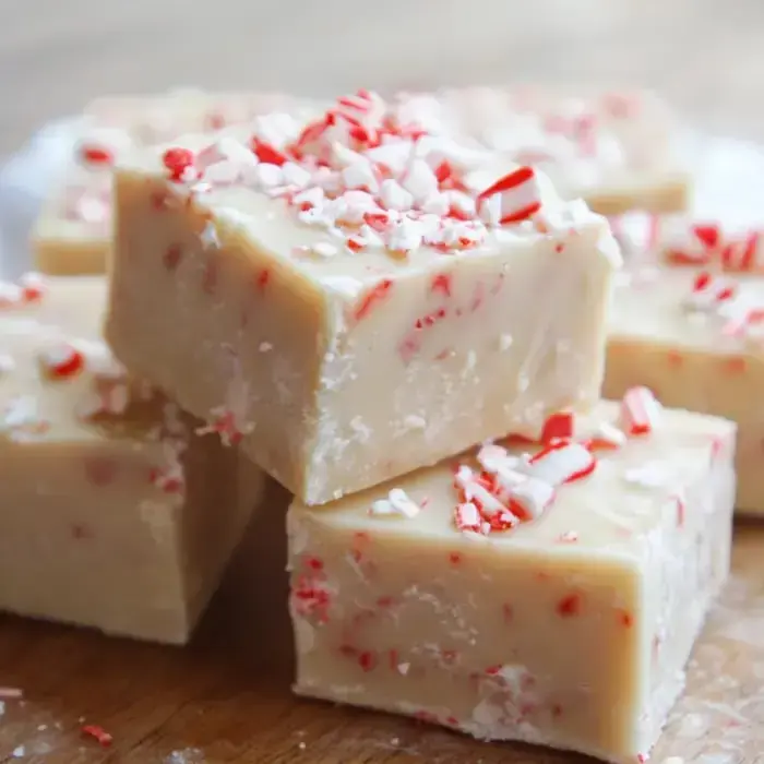 A stack of creamy white peppermint fudge topped with crushed red and white candy canes.