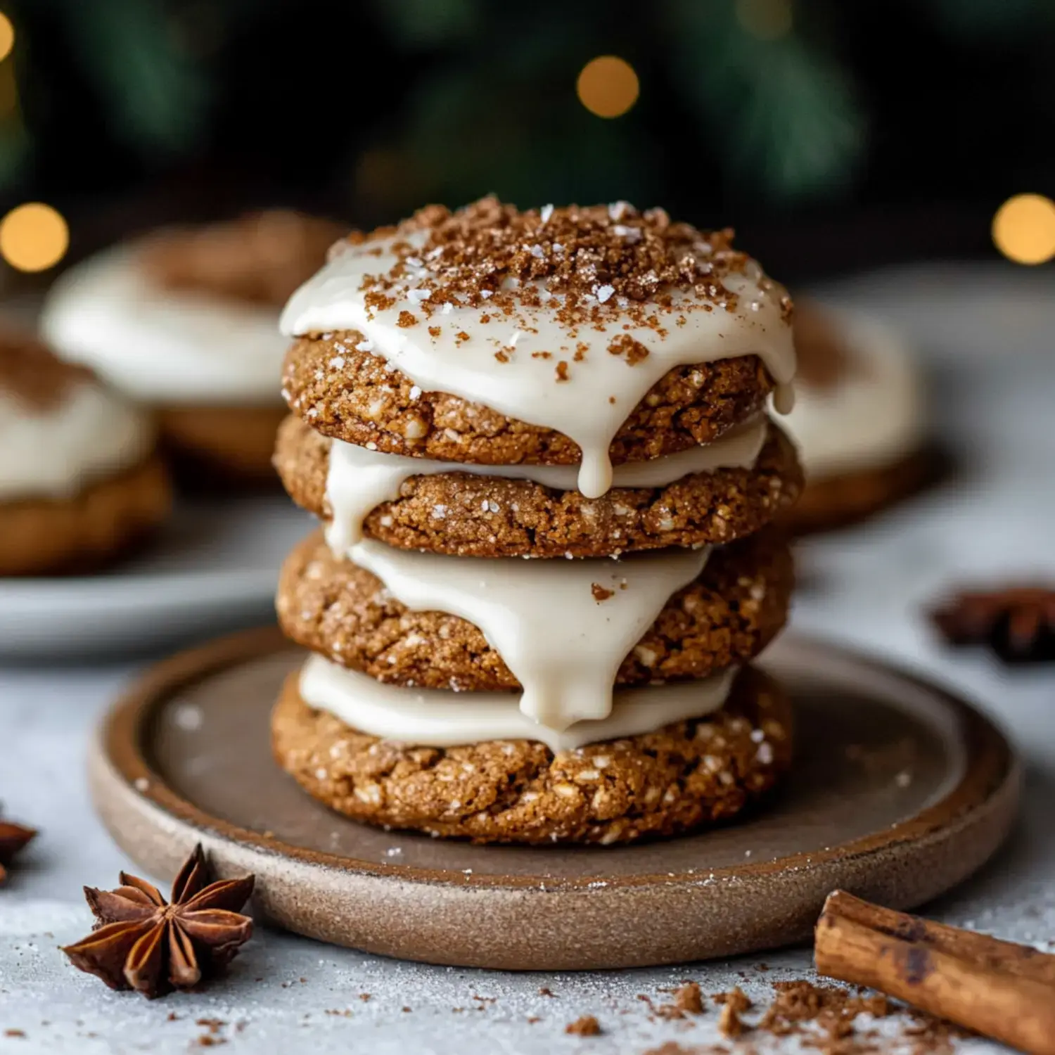 A stack of four iced cookies with sprinkles sits on a gray plate, surrounded by star anise and cinnamon sticks.