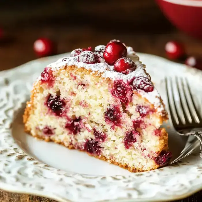 A slice of cranberry cake dusted with powdered sugar sits on an ornate plate beside a fork.