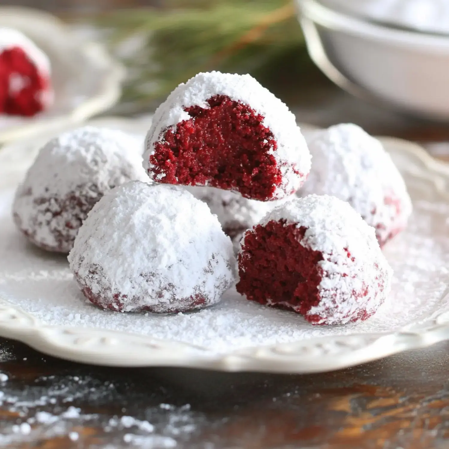 A plate of red velvet cookies dusted with powdered sugar, with one cookie partially bitten into, revealing the soft interior.