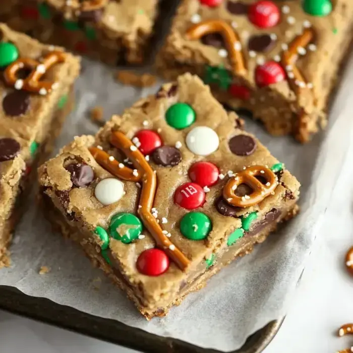 A close-up image of festive cookie bars topped with red and green candies, chocolate chips, pretzel pieces, and white sprinkles, arranged on parchment paper.