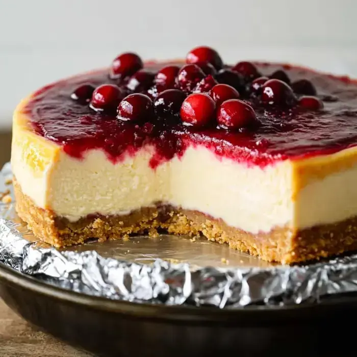 A creamy cheesecake with a cranberry topping and a slice removed, revealing its layered texture.