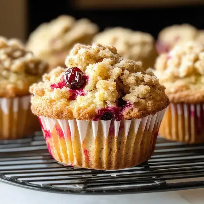 A close-up of a muffin topped with crumbly streusel and dark berries, sitting on a cooling rack.