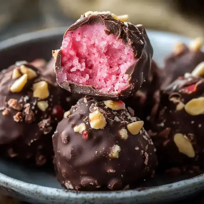 A close-up of chocolate-covered truffle candies, one of which is partially bitten into, revealing a pink filling and topped with chopped nuts.