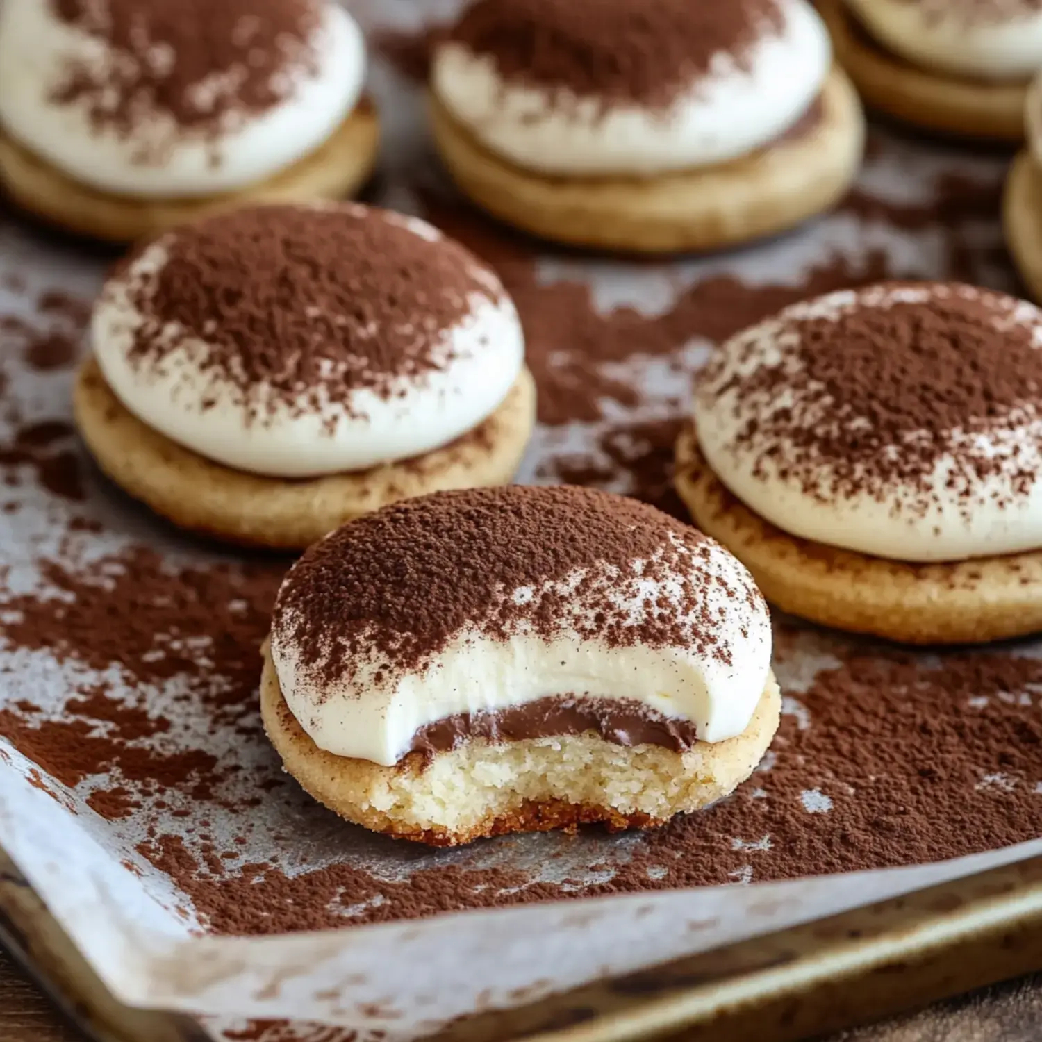 A close-up of cookies topped with creamy frosting and cocoa powder, with one cookie showing a bite taken out revealing a chocolate filling.