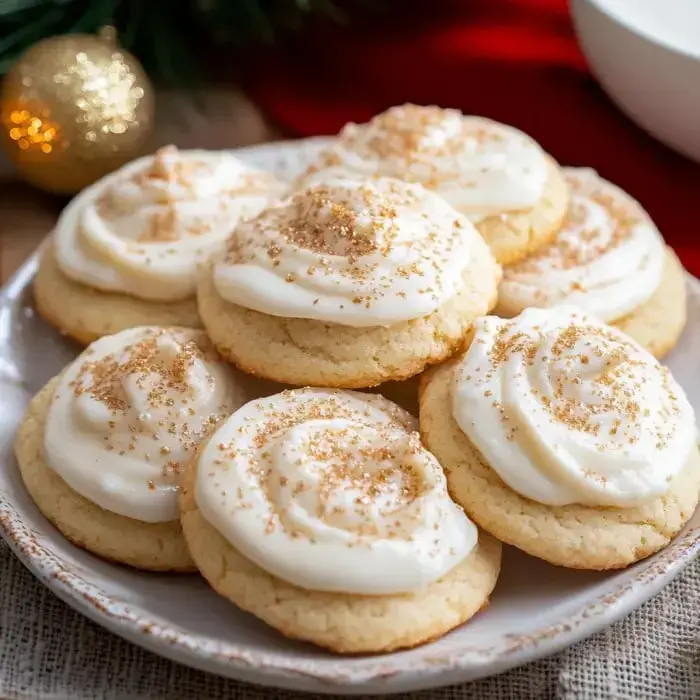 A plate of freshly baked cookies topped with cream frosting and a sprinkle of cinnamon sugar.