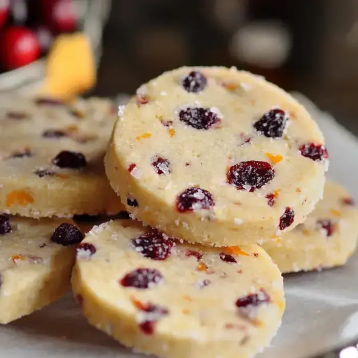 A close-up of round cookies studded with cranberries and orange pieces, coated in sugar, arranged on a white surface.