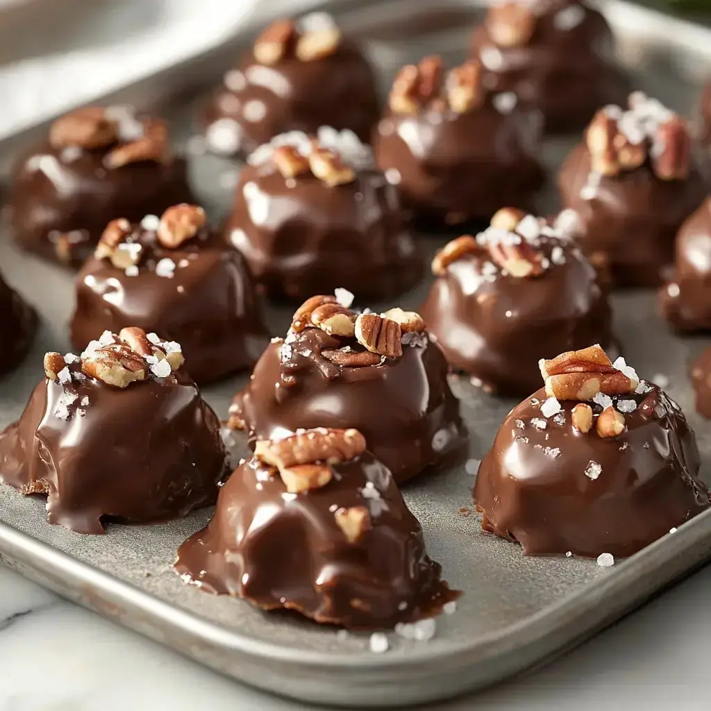 A tray of chocolate-covered treats topped with pecans and sea salt.