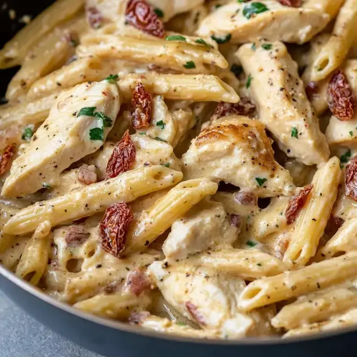 A close-up image of creamy penne pasta with chicken pieces and sun-dried tomatoes garnished with parsley.