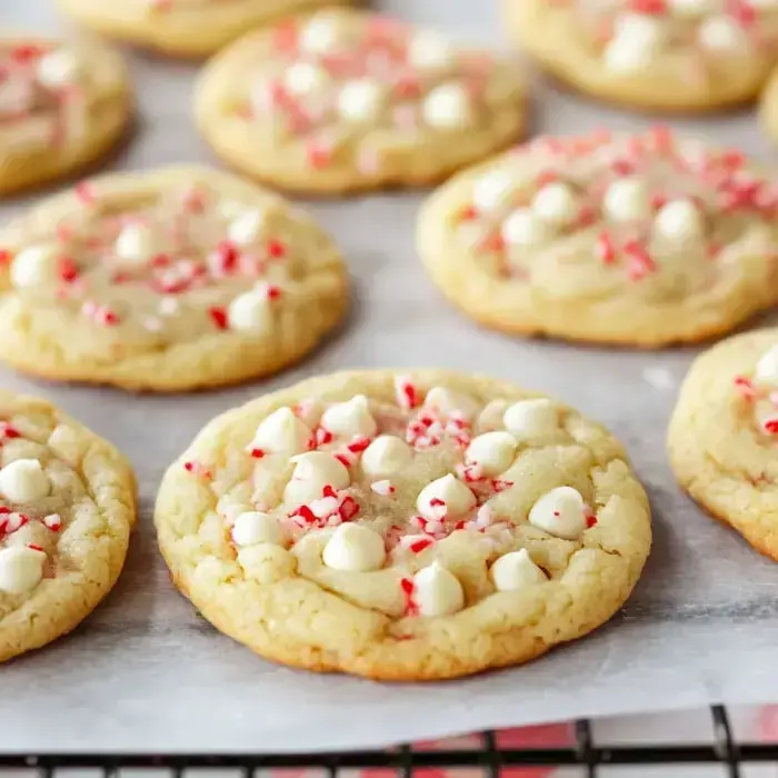 A close-up of freshly baked cookies topped with white chocolate chips and crushed peppermint candies on parchment paper.