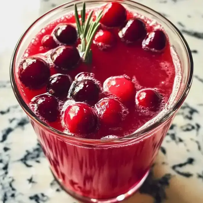 A glass of vibrant red cranberry juice is filled with fresh cranberries and garnished with a sprig of rosemary.