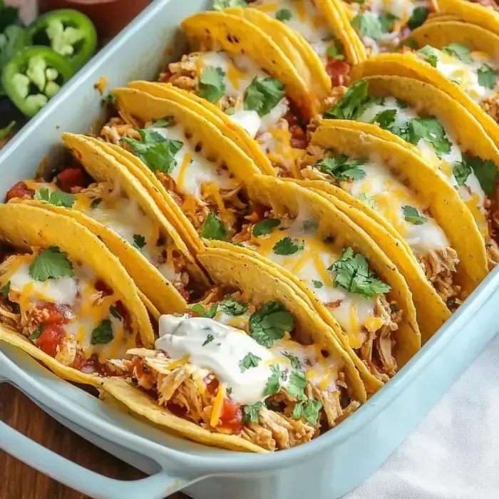 A baking dish filled with layered tacos stuffed with shredded chicken, cheese, diced tomatoes, and topped with fresh cilantro.