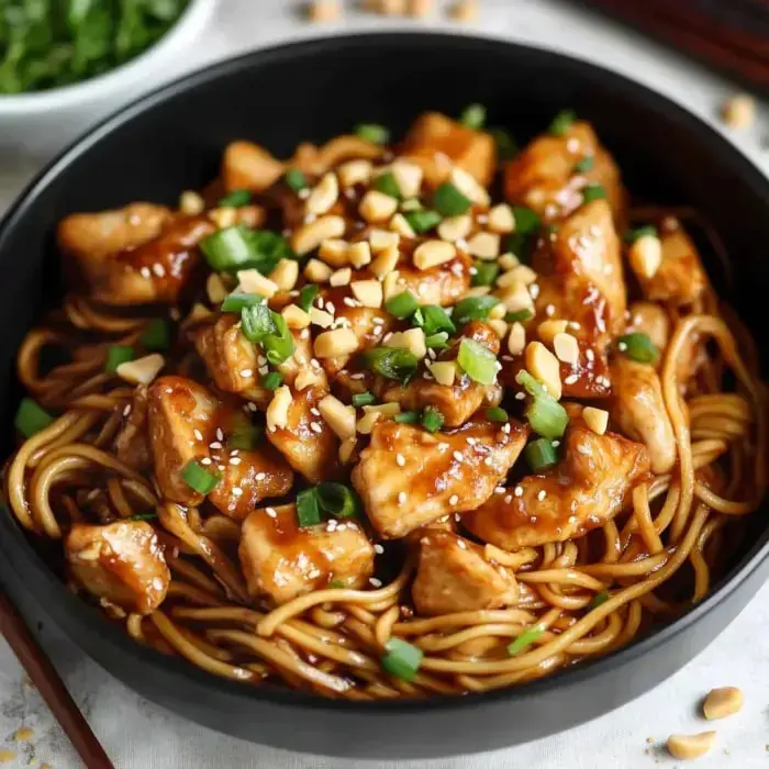 A close-up view of a black bowl filled with noodles topped with pieces of chicken, green onions, crushed peanuts, and sesame seeds in a savory sauce.