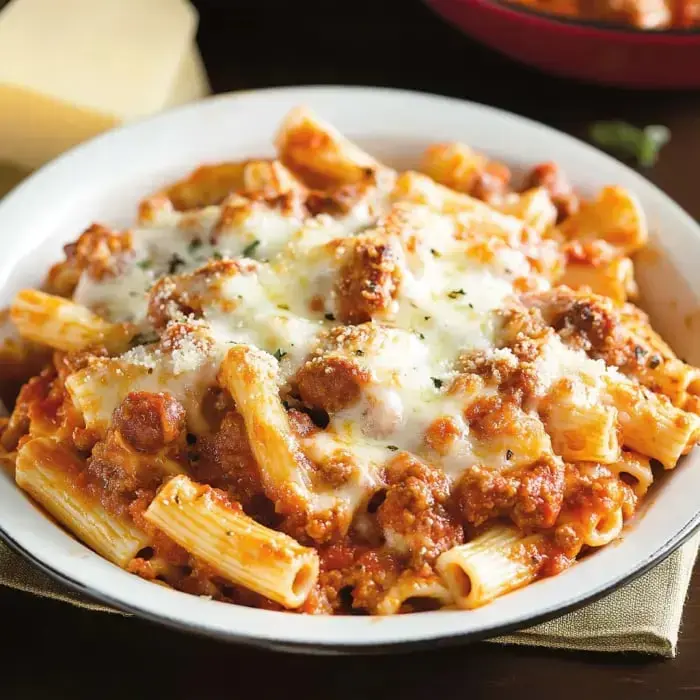 A bowl of rigatoni pasta topped with meat sauce, melted cheese, and grated cheese.