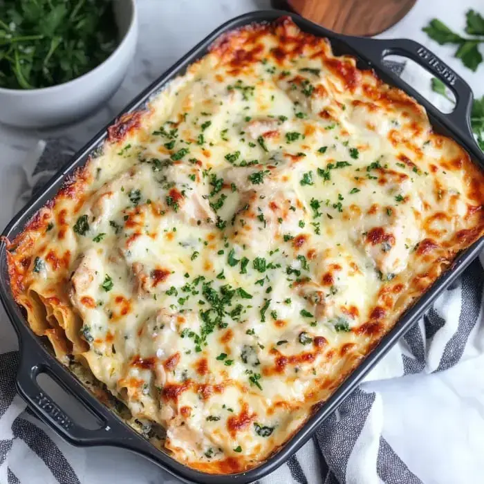 A baked dish of lasagna topped with melted cheese and garnished with parsley, served in a black casserole dish.