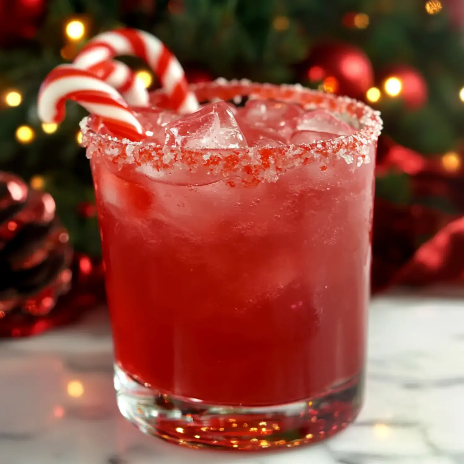 A festive red cocktail with a sugared rim and candy canes garnishing the glass, set against a blurred holiday backdrop.