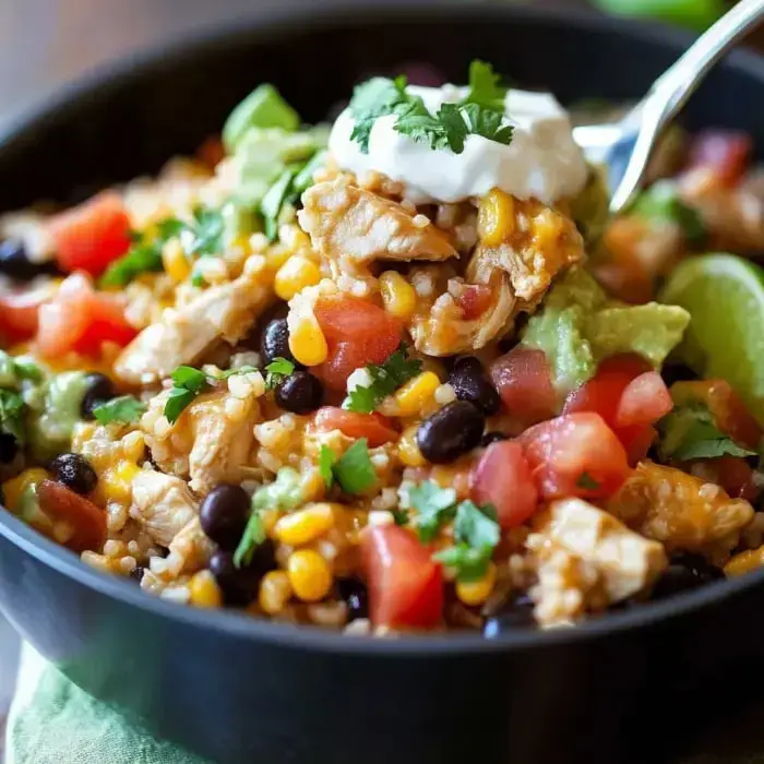 A close-up of a bowl filled with a hearty mix of chicken, black beans, corn, tomatoes, avocado, cheese, and topped with sour cream and fresh cilantro.