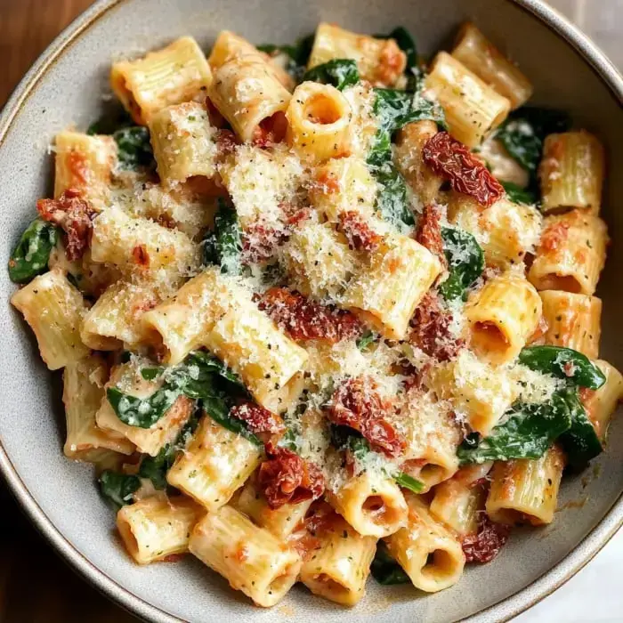 A bowl of rigatoni pasta with spinach and sun-dried tomatoes, topped with grated cheese.