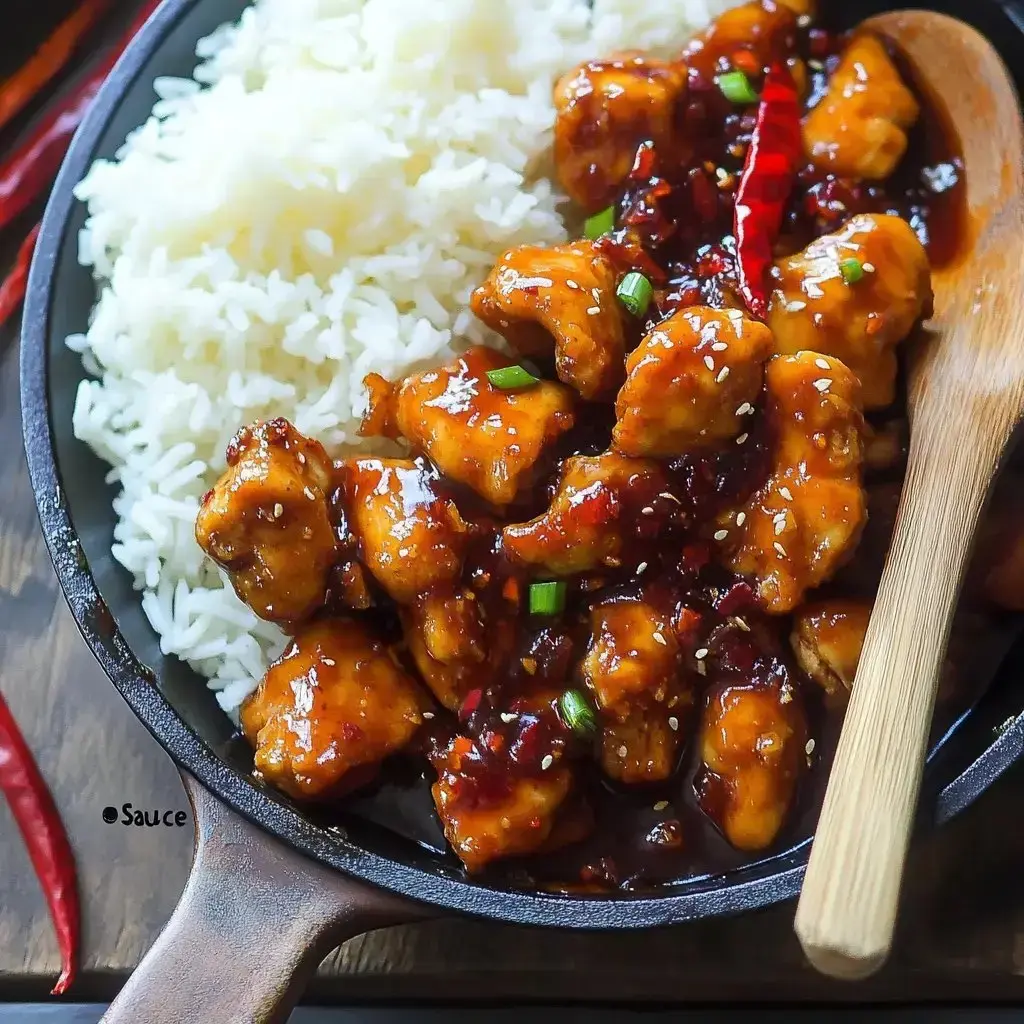 A bowl of tender chicken pieces coated in a rich, glossy sauce accompanied by fluffy white rice and garnished with green onions and dried red chili peppers.