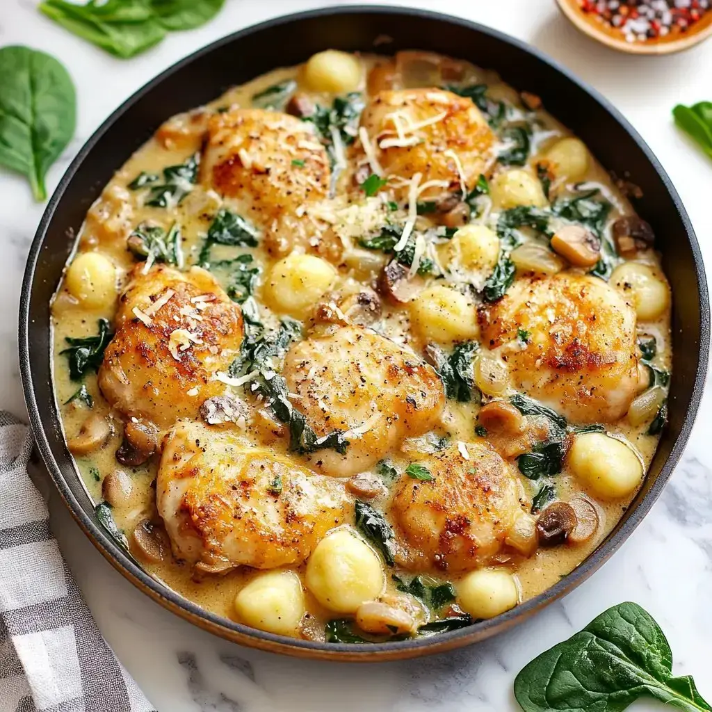 A skillet filled with creamy chicken thighs, spinach, mushrooms, and gnocchi, garnished with grated cheese.