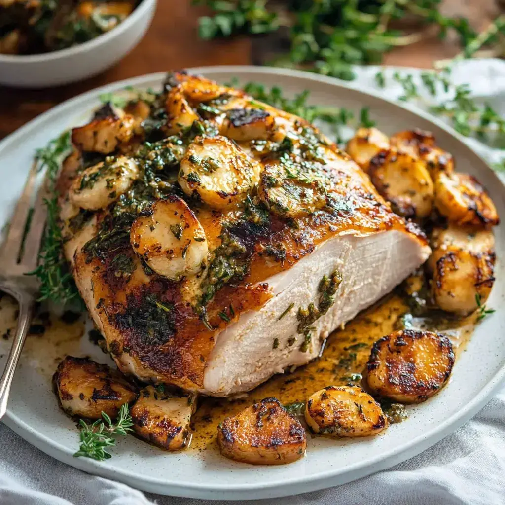 A roasted chicken breast garnished with herbs, accompanied by golden-brown potato slices, served on a white plate.