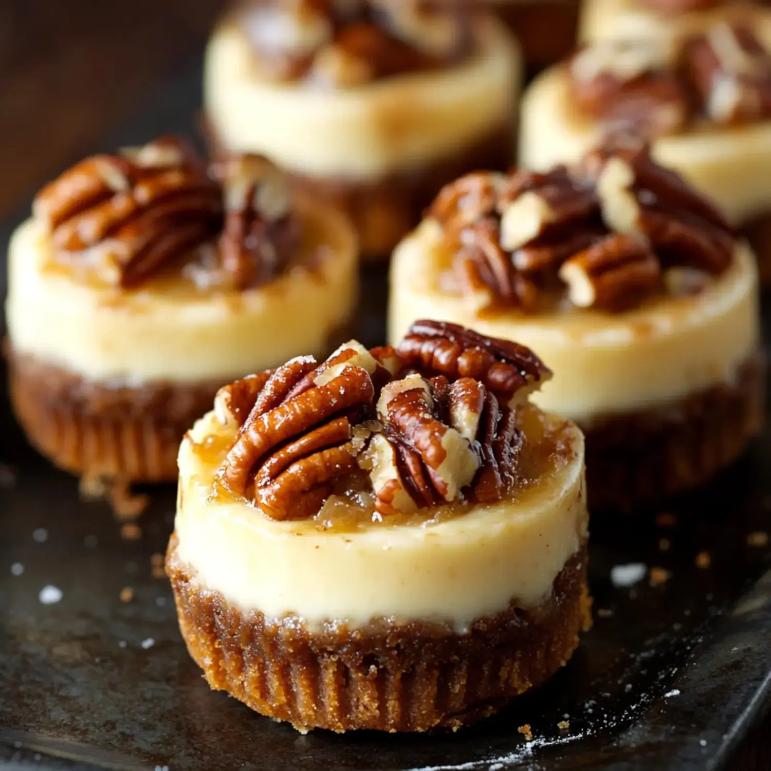 A close-up of mini cheesecakes topped with pecans and a glossy caramel layer on a dark plate.