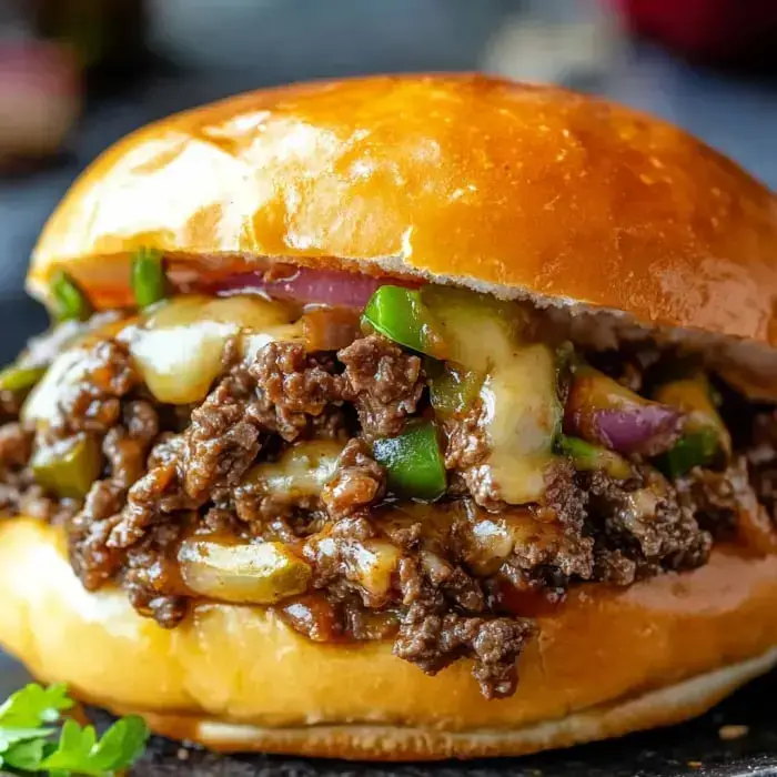 A close-up of a juicy cheeseburger filled with seasoned ground beef, melted cheese, onions, and green peppers, served in a shiny bun.