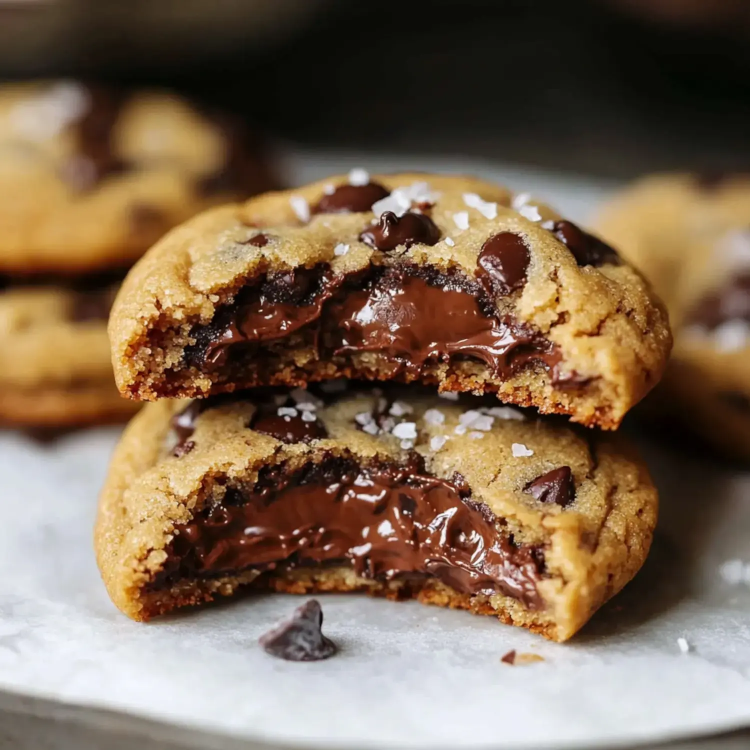 A close-up of freshly baked chocolate chip cookies, with one cookie split in half to reveal a gooey chocolate center, topped with a sprinkle of sea salt.