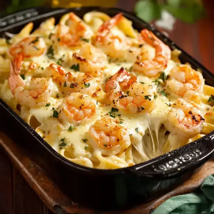 A creamy pasta dish topped with grilled shrimp and melted cheese, served in a black baking dish.