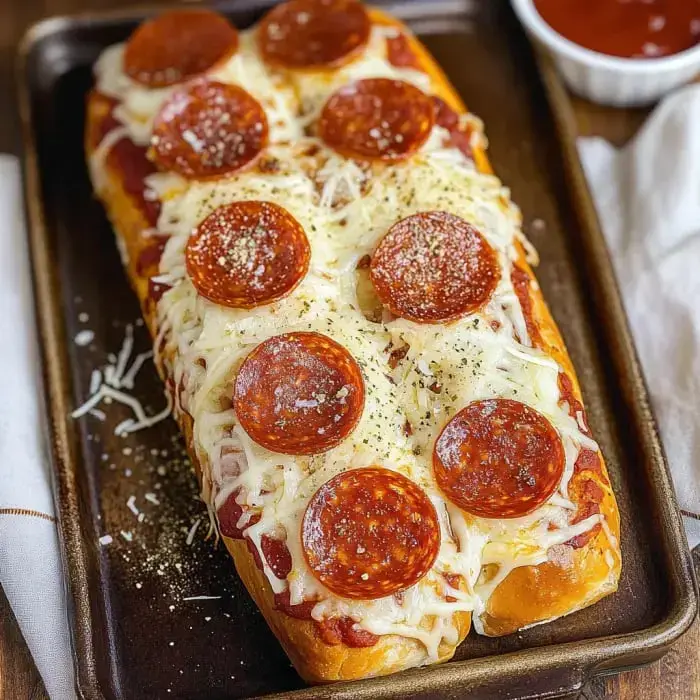 A large sub-style sandwich topped with marinara sauce, melted cheese, and slice pepperoni, served on a dark baking tray.