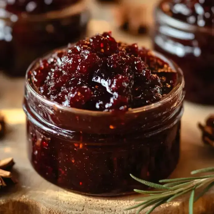 A close-up of a jar filled with dark red cranberry jam, surrounded by pine cones and greenery.