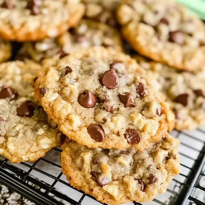 A close-up of freshly baked cookies with chocolate chips and a golden-brown, textured surface, set on a cooling rack.