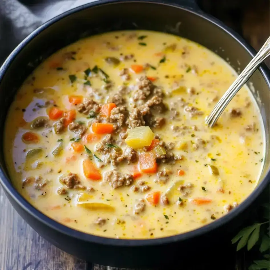 A close-up of a bowl of creamy soup with ground meat, carrots, and celery, garnished with herbs.