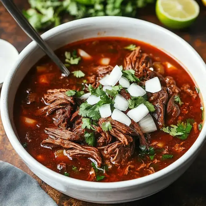 A bowl of rich, red broth filled with shredded beef, garnished with chopped onions and cilantro.