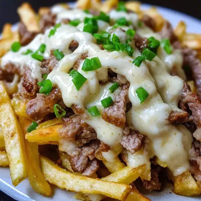 A plate of French fries topped with sliced beef and drizzled with a creamy sauce, garnished with chopped green onions.