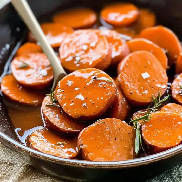 A close-up of sliced sweet potatoes glazed with a shiny sauce and garnished with herbs in a dark bowl.