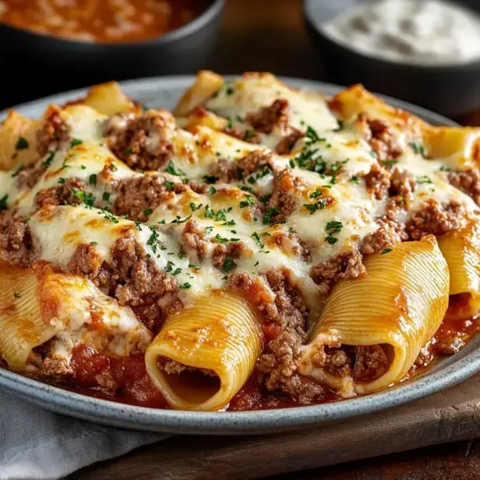 A plate of large pasta shells stuffed with seasoned ground meat and topped with melted cheese, garnished with parsley, accompanied by bowls of sauce.