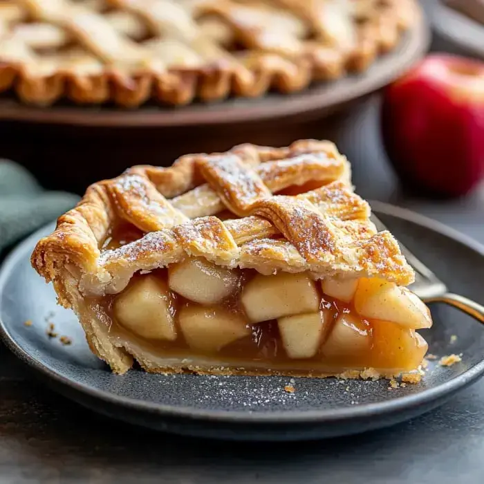 A slice of apple pie with a golden, lattice crust sits on a dark plate, revealing chunks of baked apples and caramel sauce inside, with a whole apple in the background.