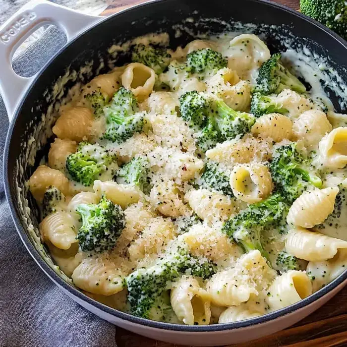 A creamy pasta dish with broccoli and shell-shaped pasta, topped with grated cheese and black pepper in a cooking pot.