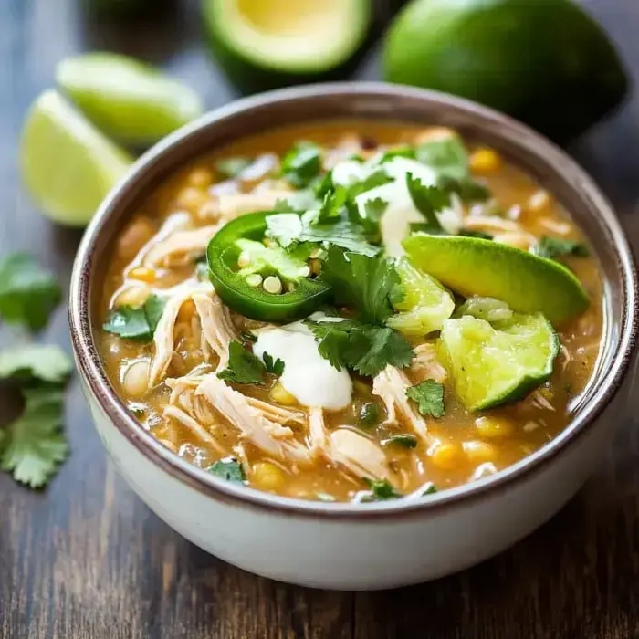 A bowl of chicken soup garnished with jalapeños, cilantro, lime wedges, and a dollop of sour cream.