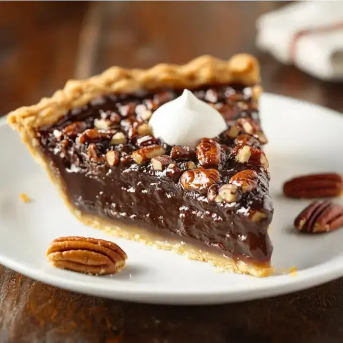 A slice of chocolate pecan pie topped with a dollop of whipped cream, served on a white plate with a few pecans nearby.