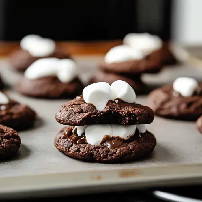 A close-up of chocolate cookies stuffed with melted chocolate and marshmallows, arranged on a baking sheet.