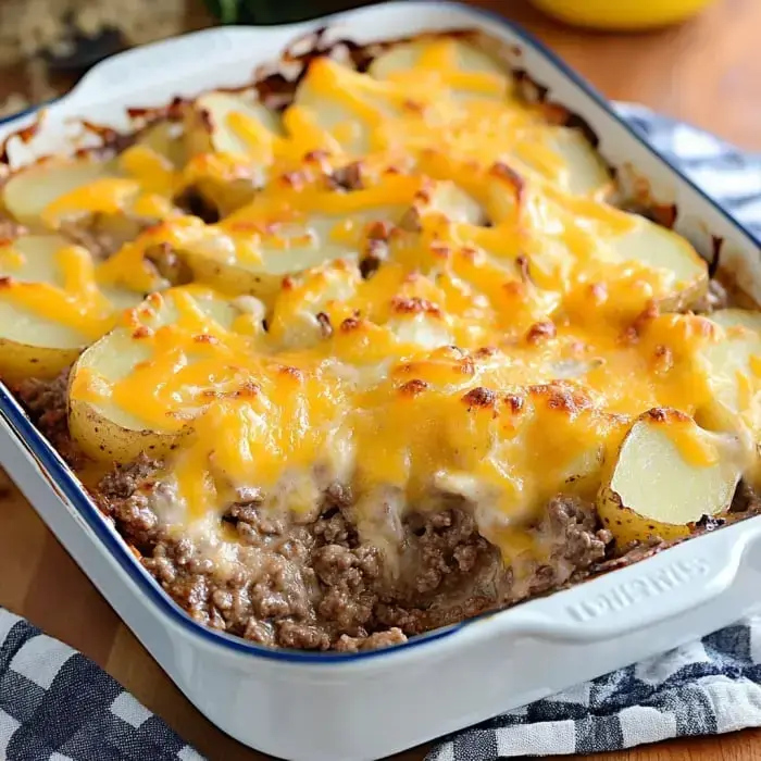 A baked dish featuring layers of ground beef and sliced potatoes, topped with melted cheddar cheese.