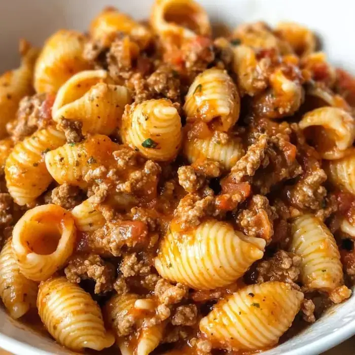 A close-up of a bowl of pasta shells mixed with seasoned ground meat and a rich tomato sauce.