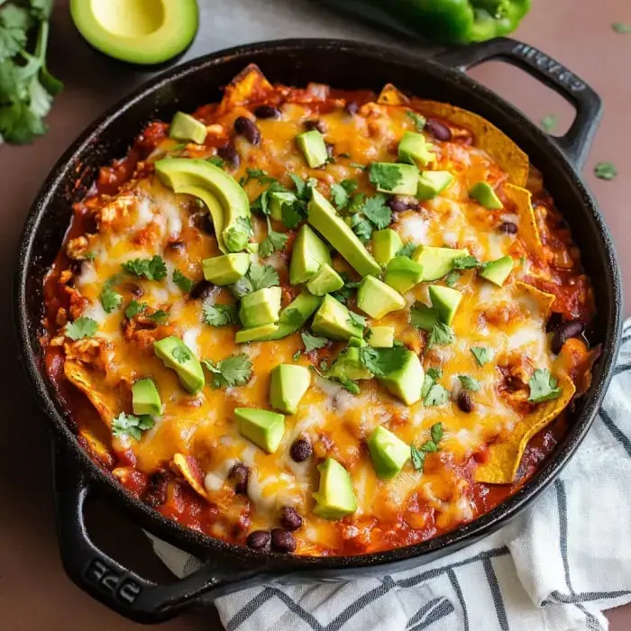 A cast-iron skillet filled with cheesy nachos topped with black beans, diced avocado, and fresh cilantro.