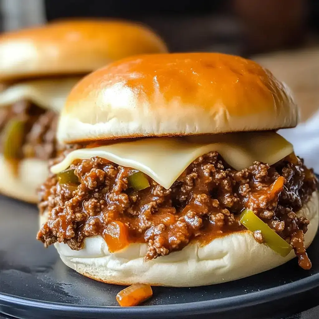 A close-up of two sloppy joe burgers with melted cheese and green bell pepper on soft buns.