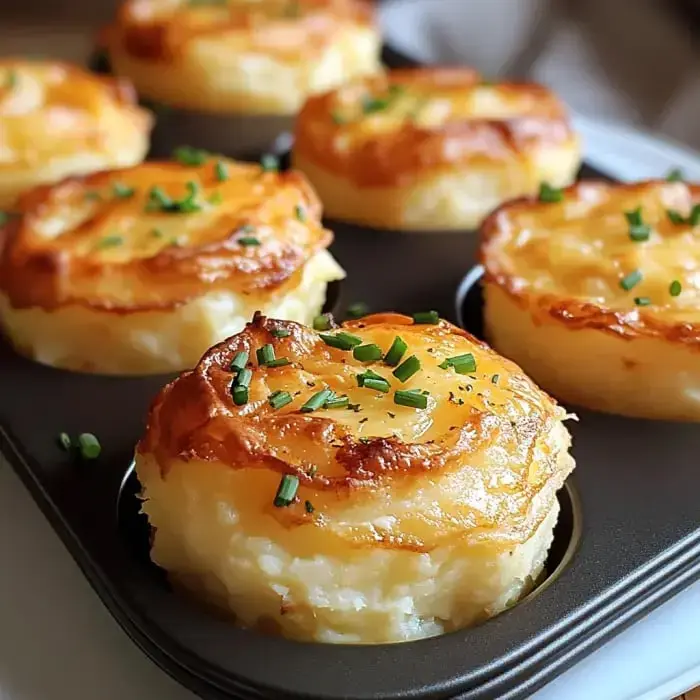 A tray of golden-brown, fluffy potato muffins garnished with chopped chives.