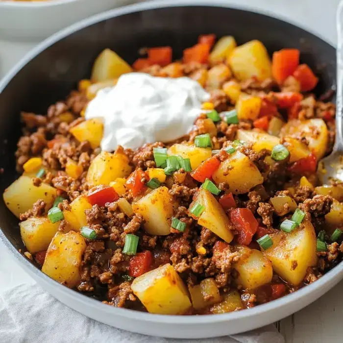 A skillet filled with ground beef, diced potatoes, and colorful vegetables, topped with a dollop of sour cream and garnished with green onions.